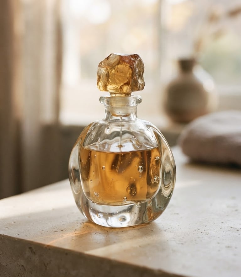Close-up of a sculptural heavy glass bottle on a minimalist vanity, soft afternoon window light, warm cream tones, shallow depth of field, 35mm