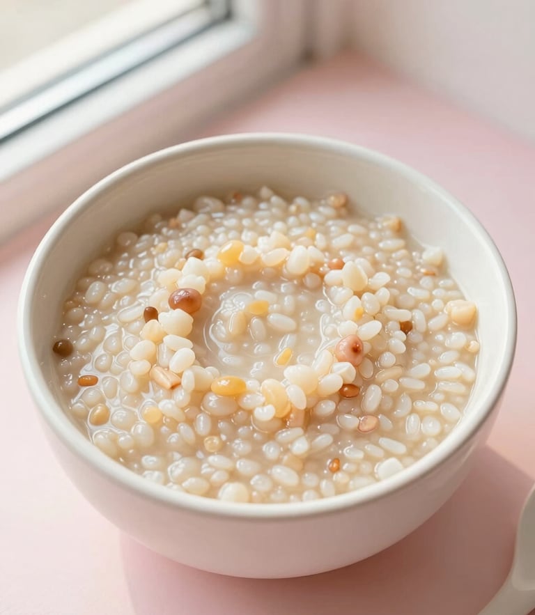 Overhead shot of freshly prepared homemade organic baby porridge in a ceramic bowl, soft morning window light, pastel background, clean editorial style