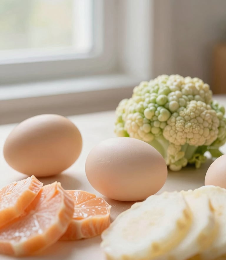 Close-up of fresh organic baby food ingredients, soft warm photography, natural morning window light, gentle pastel tones