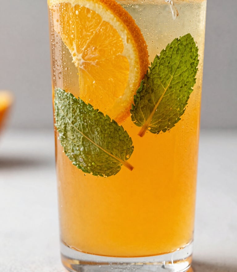 Tight macro shot of a condensation-beaded glass filled with vibrant orange specialty soda, fresh mint leaves and a citrus wheel floating inside, bright afternoon sunlight with soft shadows.