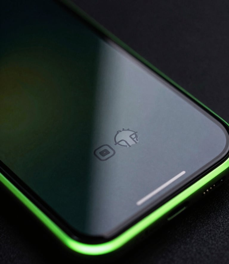 Extreme close-up macro shot of a modern Android device screen displaying a fluid, high-frame-rate user interface, dramatic neon green edge-lights reflecting off the glass surface, dark studio setting, 35mm photography