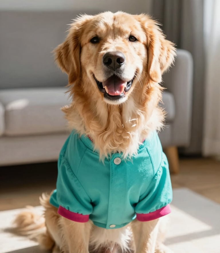 A happy fluffy golden retriever wearing a vibrant teal handmade dog shirt, sitting in a sunlit living room, cheerful pet lifestyle photography, warm daylight, shallow depth of field
