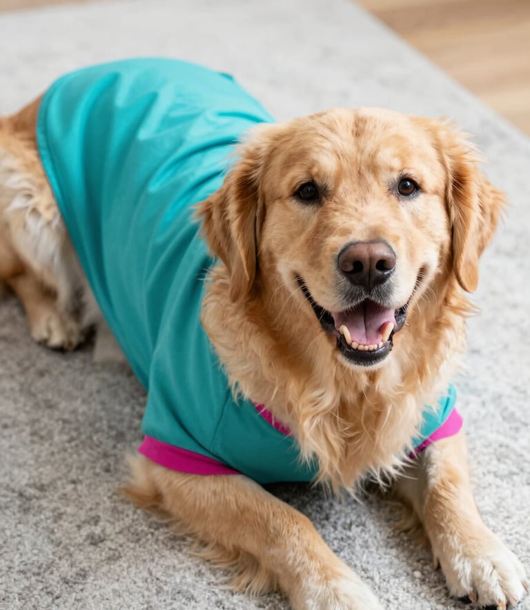 Candid eye-level shot of a happy golden retriever wearing a vibrant teal handmade shirt, resting comfortably on a light gray rug, warm natural daylight, shallow depth of field
