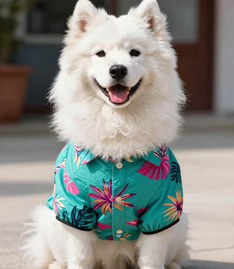 A joyful fluffy samoyed dog wearing a vibrant teal tropical shirt, sitting happily in bright natural daylight, eye-level shot