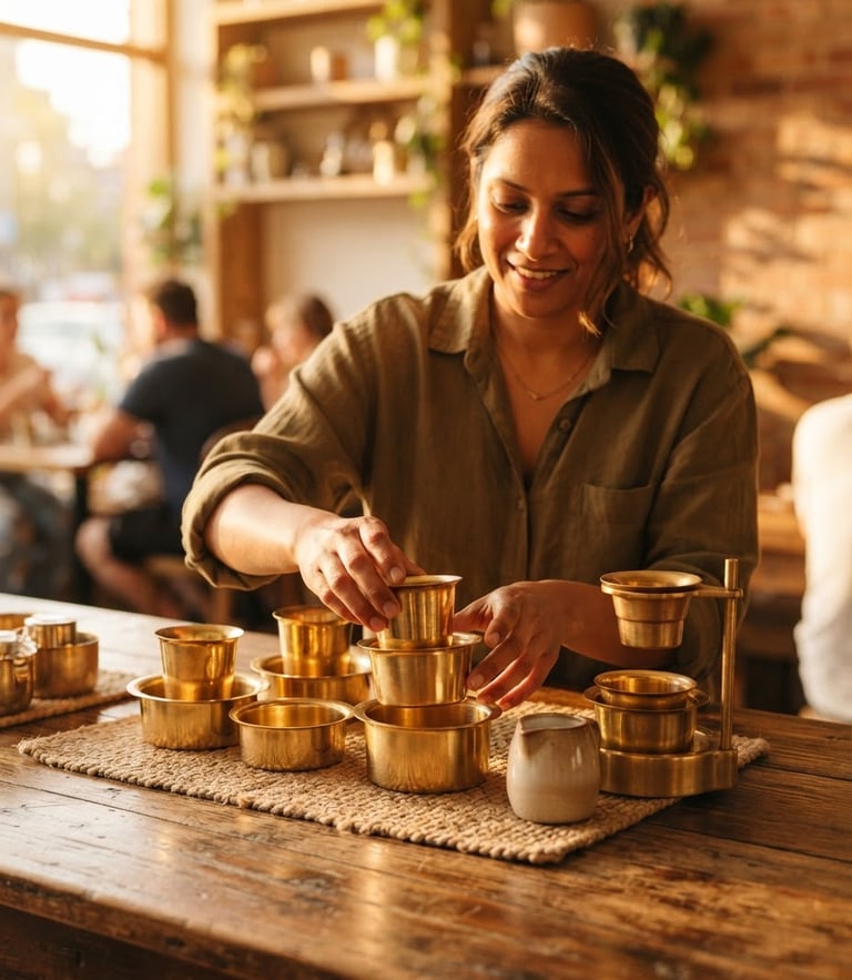 A warm, editorial portrait of a hospitality coordinator arranging brass filter coffee tumblers on a teakwood table, soft golden window light, 35mm lens
