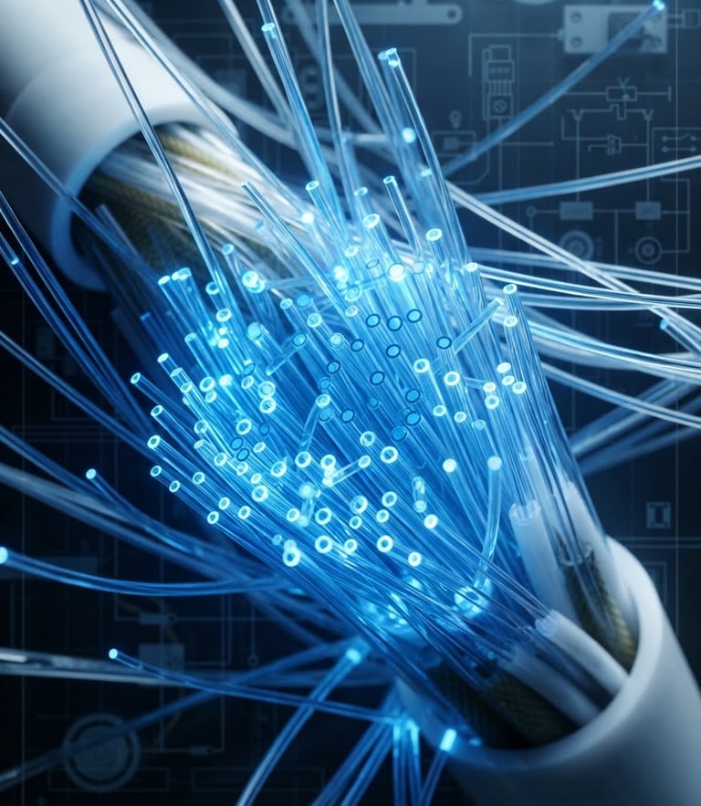 Macro shot of physical fiber optic glass fibers glowing with bright blue light, high-contrast clean studio lighting, sharp focus, technical blueprint aesthetic