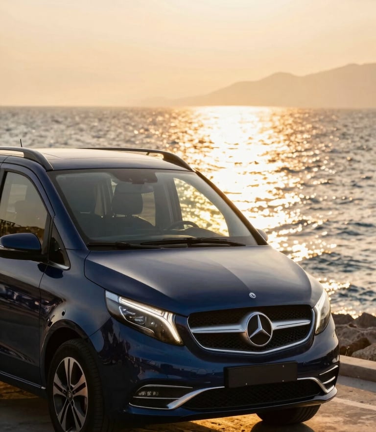 An immaculate luxury Mercedes Vito parked near the Antalya coast at golden hour, sparkling clean chassis, warm Mediterranean sunlight reflecting off the sea in the background
