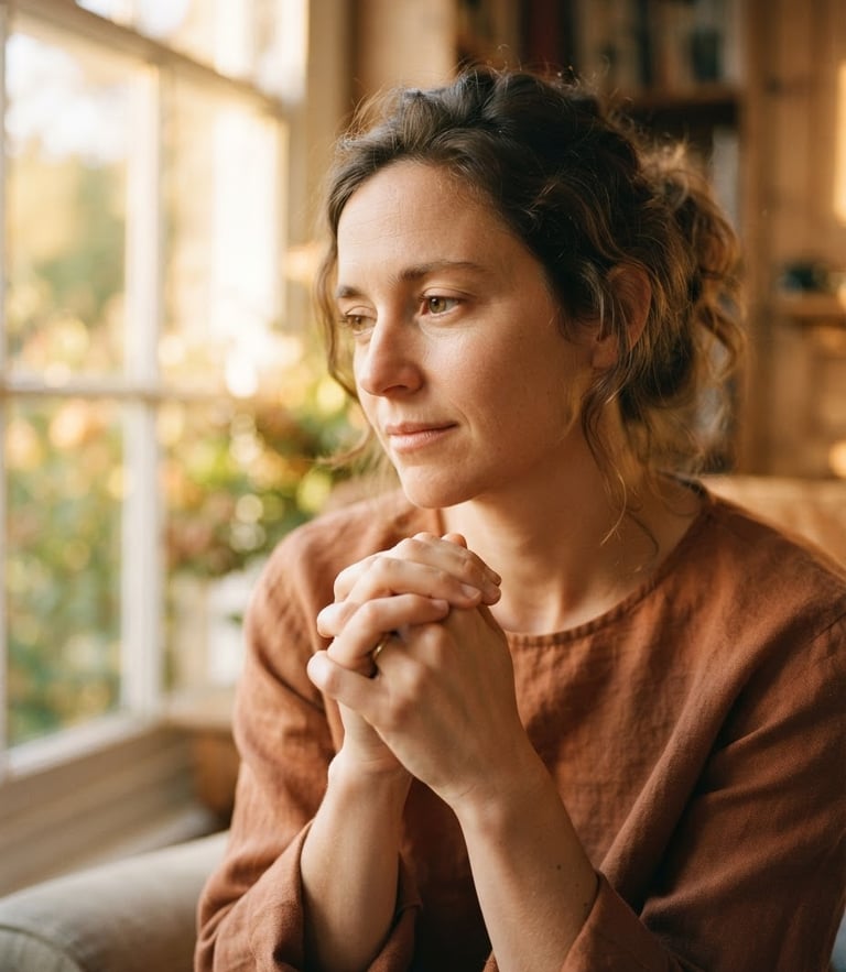 Intimate close-up of a person in quiet reflection, hands clasped, warm golden-hour window light, soft organic tones, shallow depth of field, 35mm film look