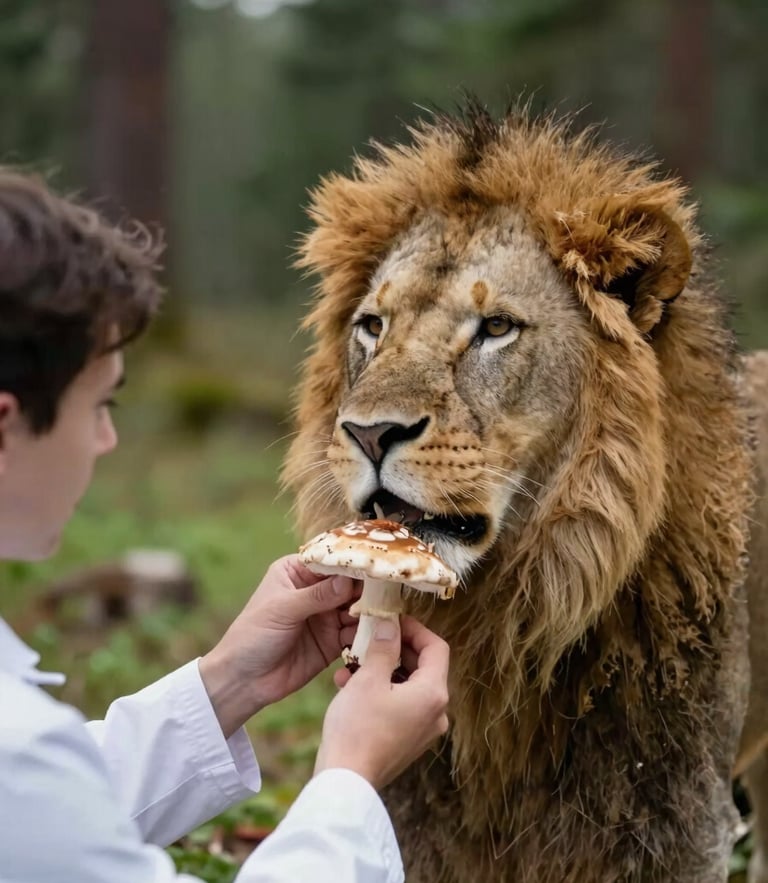 A researcher in a clean white coat carefully inspecting a lion's mane mushroom specimen under soft Scandinavian daylight, shallow depth of field, 35mm photography.
