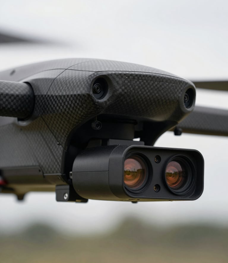 Close-up of an industrial drone payload featuring a dual optical and radiometric thermal sensor array, mounted on a carbon fiber gimbal, sharp technical details, overcast lighting.