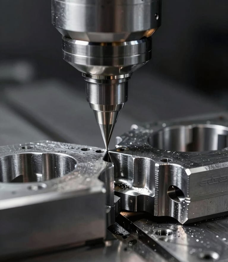 Macro studio shot of a high-precision steel CNC milling toolpath cutting complex aerospace component, sharp highlights on metallic edges, dark background