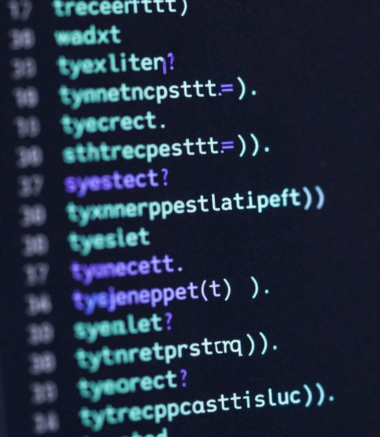 Macro close-up of syntax-highlighted TypeScript code on an ultra-dark screen, glowing cyan and violet edge-lighting, shallow depth of field.
