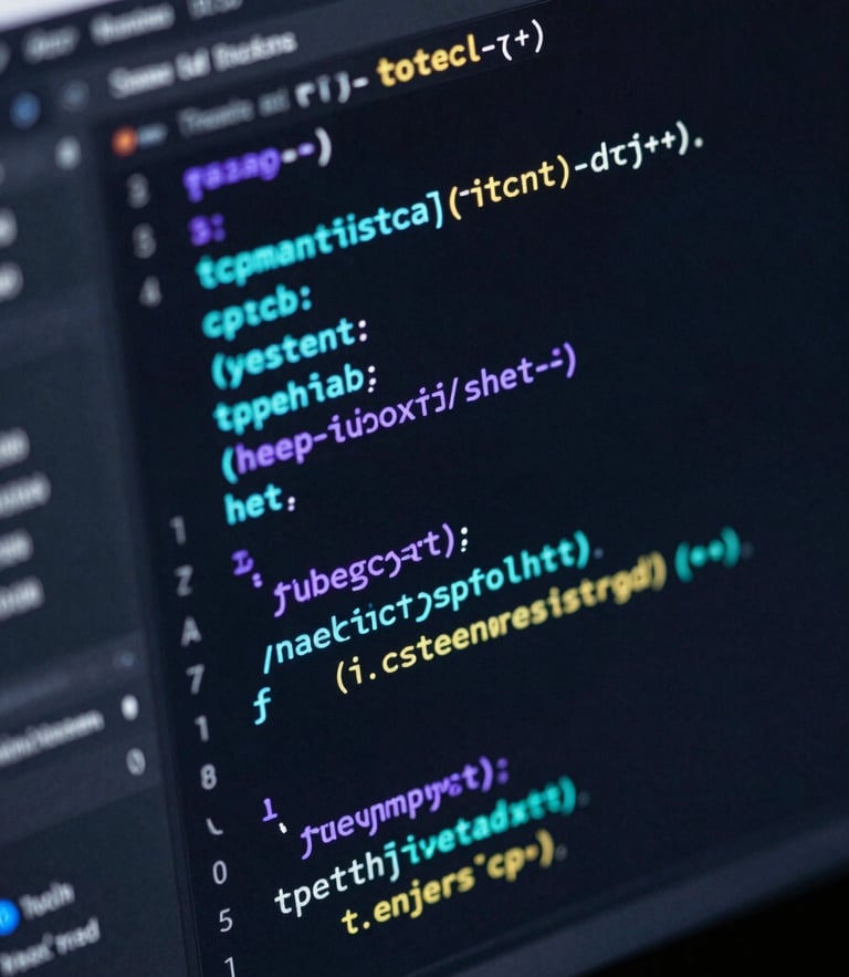 Isometric close-up of a dark-themed code editor displaying clean TypeScript syntax, glowing cyan and violet syntax highlighting, sharp neon edge-lighting, deep ambient background.