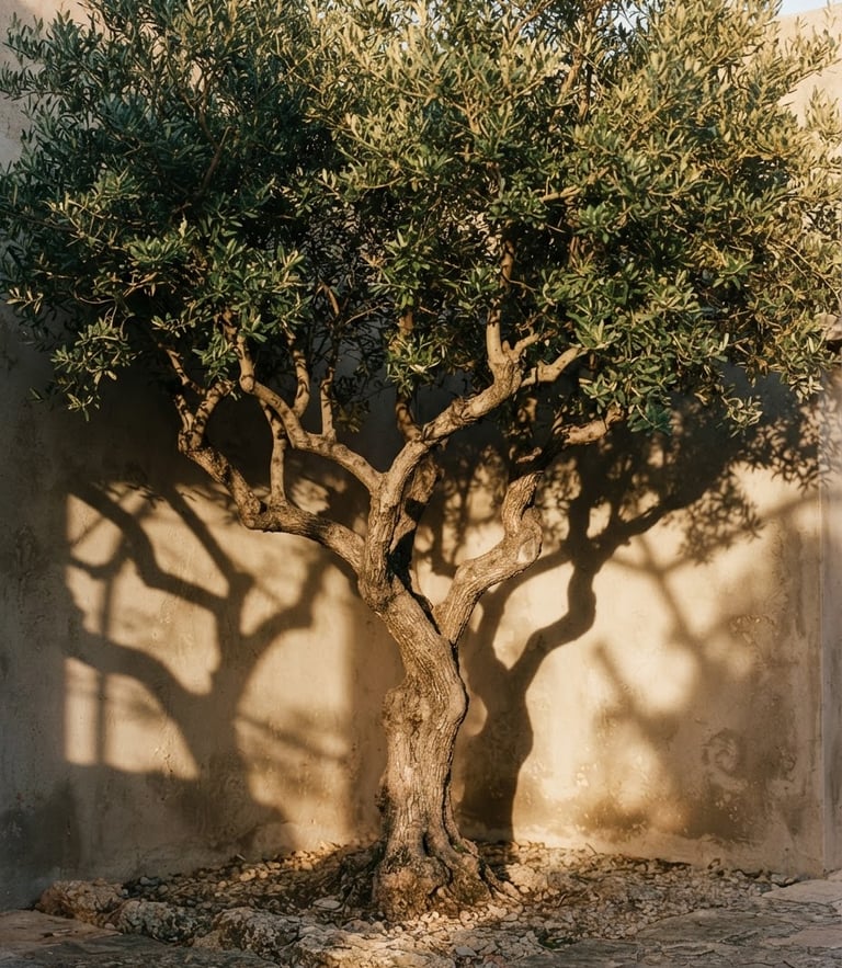 Architectural olive tree with sculptural branches casting sharp geometric shadows on a warm stone-gray wall, golden-hour sunlight, 35mm.