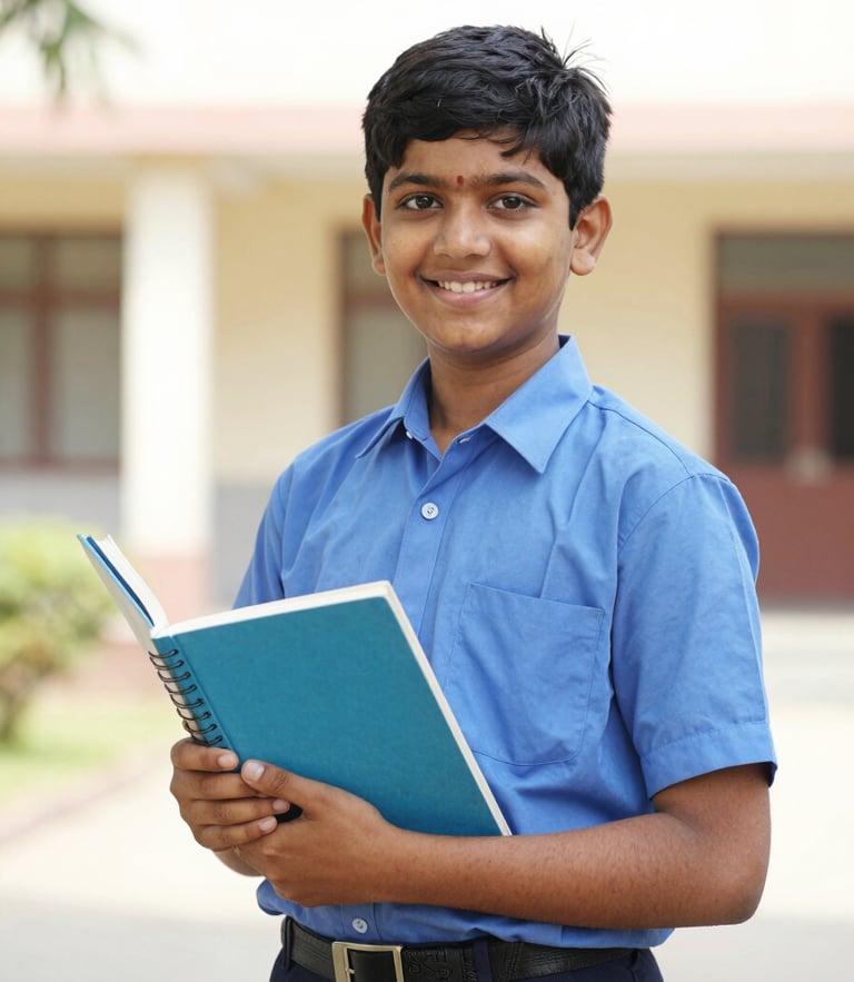 Bright editorial school portrait of a smiling Indian schoolboy in a neat blue uniform holding a textbook, warm natural daylight, clean academic setting