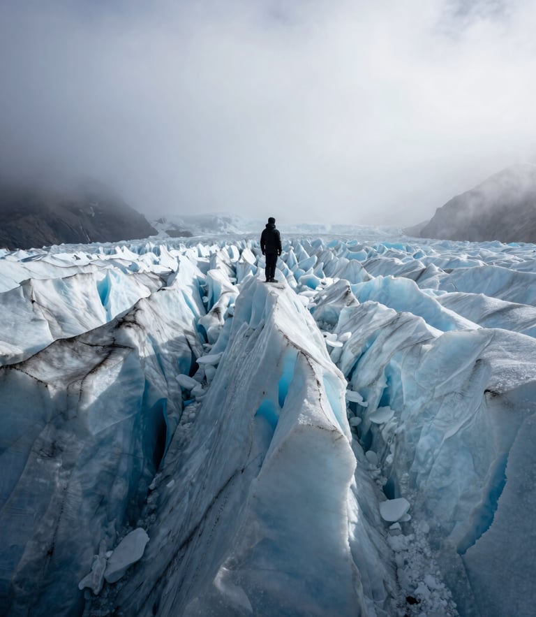Extreme wide environmental shot of a solitary black-clad figure standing on a massive Patagonian glacier edge under heavy misty skies, moody natural light, deep shadows.