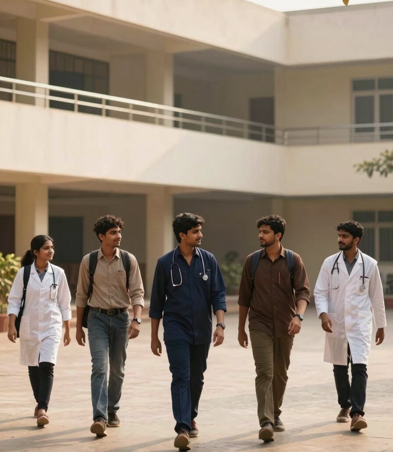 A warm, naturally lit modern university campus courtyard with Indian medical students walking and talking, soft daylight, 35mm photography