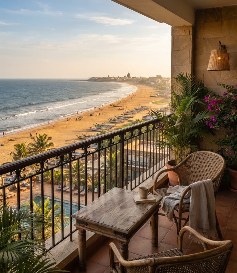 Wide environmental shot of a sun-drenched resort balcony overlooking the golden beach of Puri, warm morning light, 35mm lens.