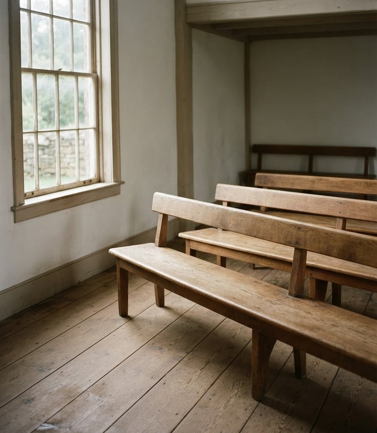 Soft window light falling on simple wooden benches in a historic Quaker meeting house, quiet editorial photography, muted earth tones, 35mm film.