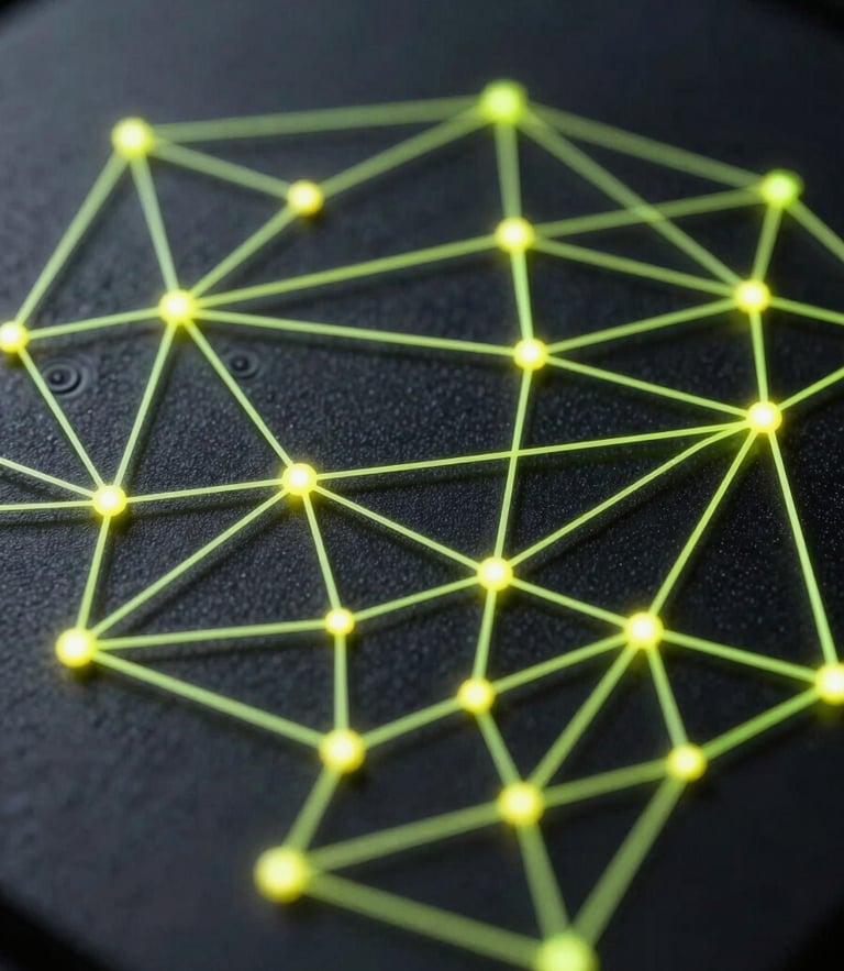 Macro close-up of structured cryptographic proof diagrams, glowing electric-lime vector lines mapping network topologies on a deep obsidian background, sharp directional lighting.