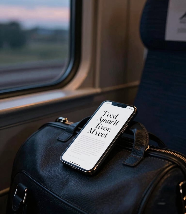 A sleek modern smartphone displaying an elegant typography layout, resting on a leather travel bag inside a luxury train cabin, soft twilight window light, cinematic editorial photography.