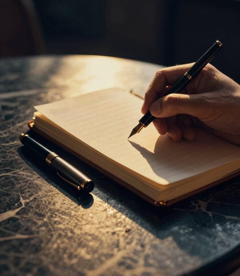 Close-up of a hand writing in a leather journal next to a vintage fountain pen on a dark marble table, warm golden hour light casting long shadows, cinematic editorial photography.