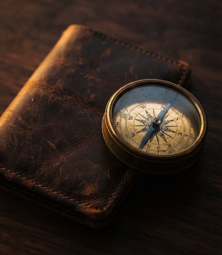 Extreme close-up of a premium leather passport holder and vintage brass compass on a dark wood table, warm golden hour light reflecting off the brass, cinematic editorial photography, medium format film