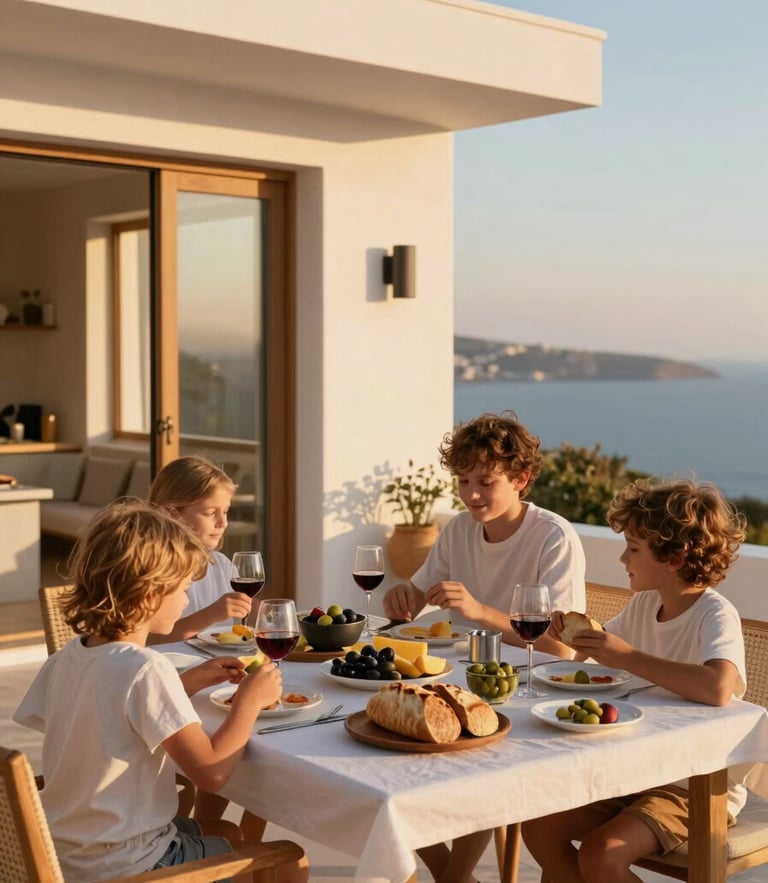 A warm golden-hour photo of a modern Aegean villa terrace, family breakfast table set with olives and fresh bread, soft natural shadows, 35mm lens