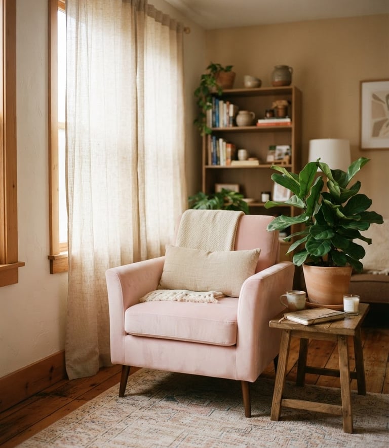 A warm cozy therapy room with a soft pink armchair, a green plant, and soft natural window light filtering through linen curtains, 35mm photography