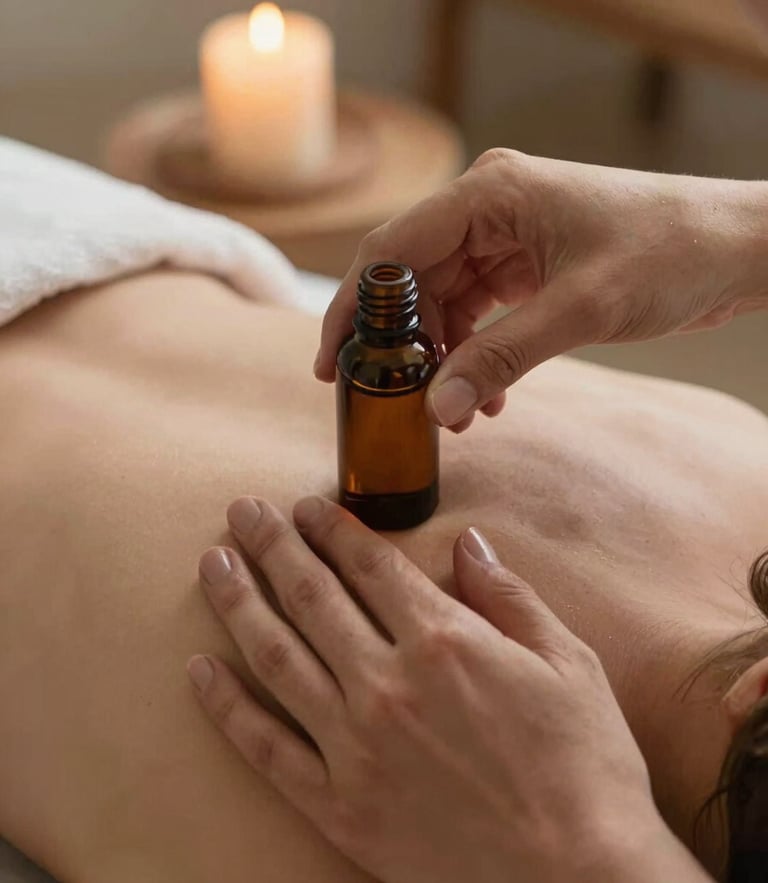 Close-up of a practitioner's hands applying botanical oil to a shoulder in slow, precise motion, soft candlelight lighting, peaceful and professional atmosphere.