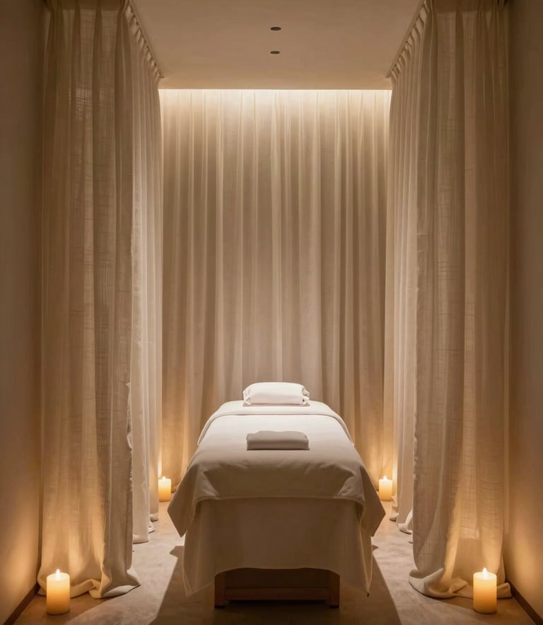 Symmetrical architectural view of a luxury spa treatment room, soft warm candlelight filtering through sheer linen drapes, immaculate minimal design, low-contrast shadows.
