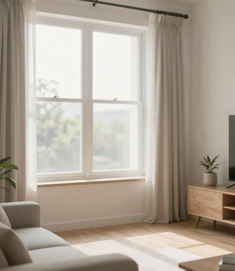 Bright editorial photography of a clean modern Bangalore living room with soft natural window light, calming desaturated tones, shallow depth of field