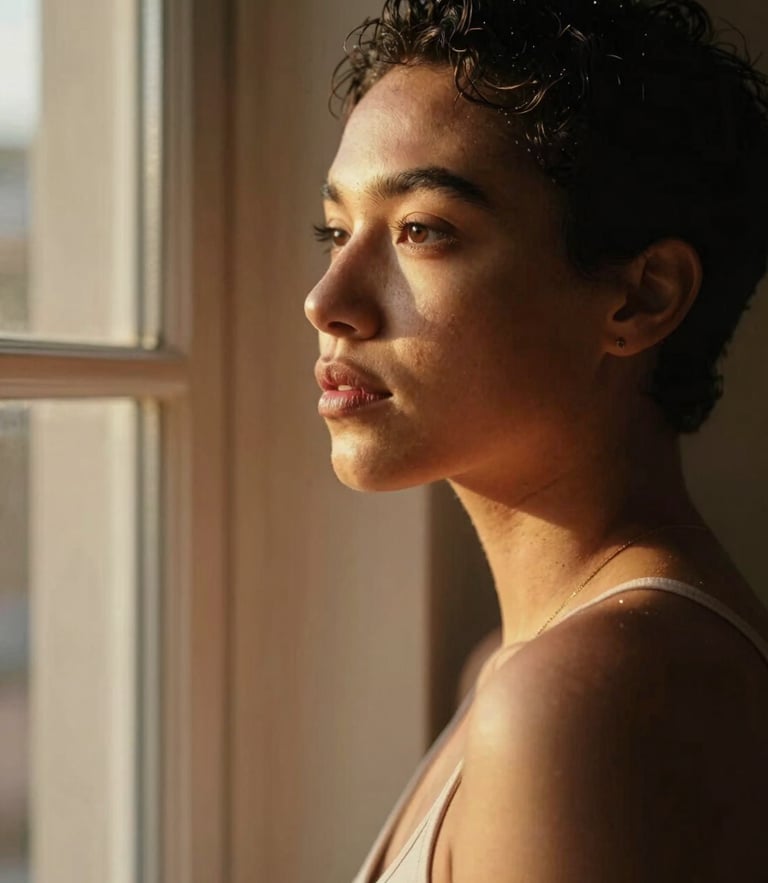 Warm editorial portrait of a queer woman looking thoughtfully out of a sunlit window, soft golden-hour light, rich earthy tones, 35mm