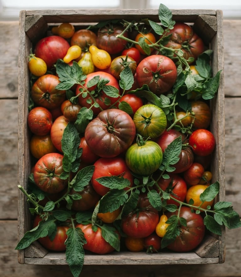 Overhead shot of freshly harvested heirloom tomatoes in a wooden crate, soft scandinavian daylight, deep green leaves, shallow depth of field, 35mm