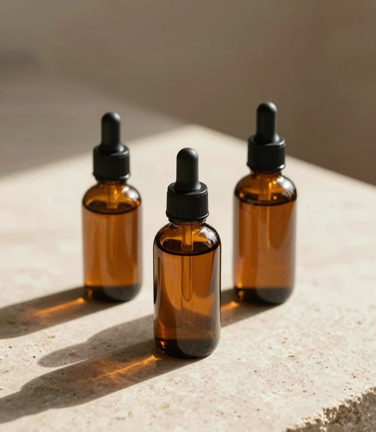 Warm, diffused Mediterranean daylight lighting minimalist amber glass cosmetic bottles on a light stone surface, soft natural shadows.