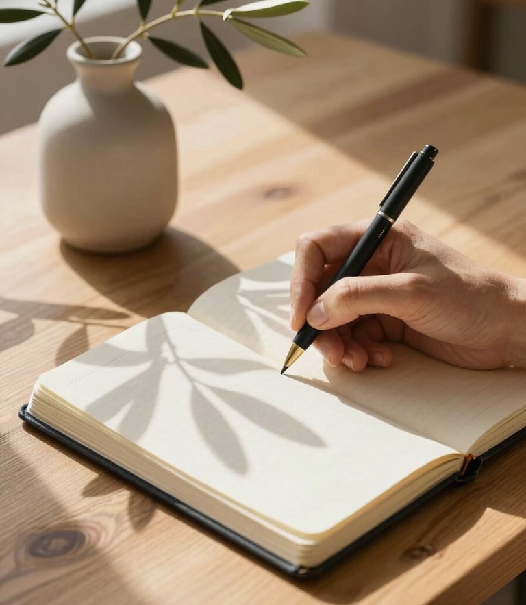 Editorial close-up of hands writing in a linen journal on a sunlit wooden desk, soft Mediterranean daylight, an olive branch in a minimalist ceramic vase nearby, warm natural shadows.