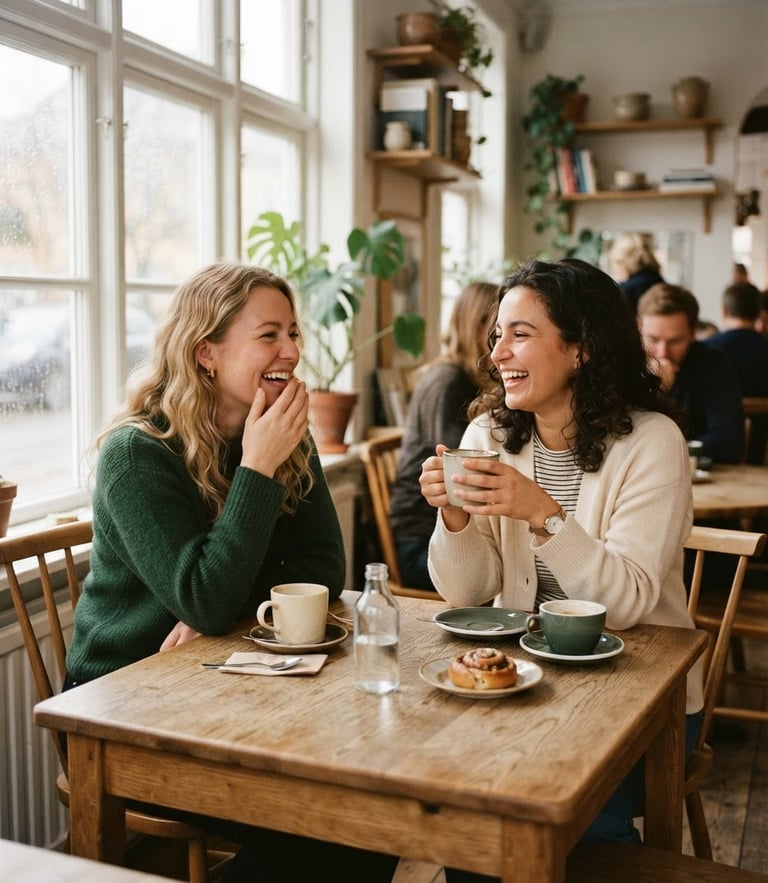 Candid medium shot of two people laughing over coffee in a light-filled Scandinavian room, soft natural daylight, warm editorial style, 35mm film