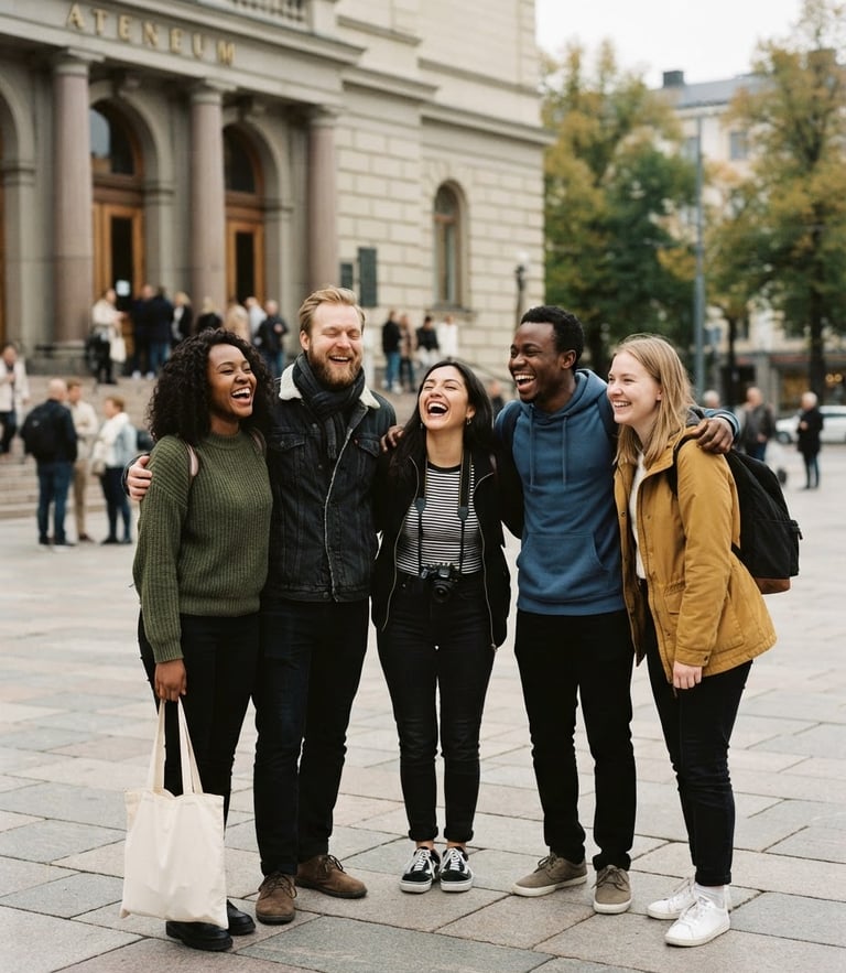 A group of diverse friends laughing together outside a Helsinki museum, soft overcast daylight, natural candid moment, warm editorial style, 35mm film.