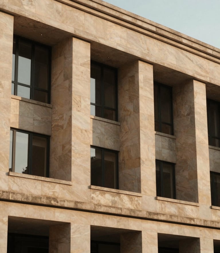 Architectural detail of a modern cultural institution in warm golden-hour window light, clean lines, elegant stone facade.