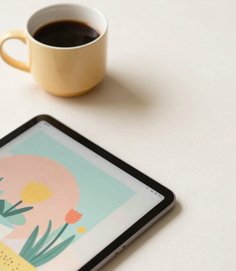 A cozy workspace flat lay with a warm cup of coffee, a digital tablet showing a colorful book cover, soft morning daylight, pastel tones.
