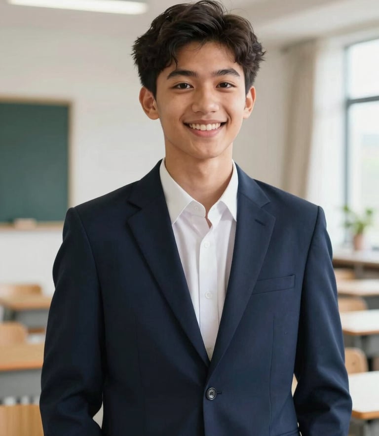 A confident young Muslim teenager smiling warmly, wearing a neat navy blazer, bright natural side lighting, modern clean academic background.