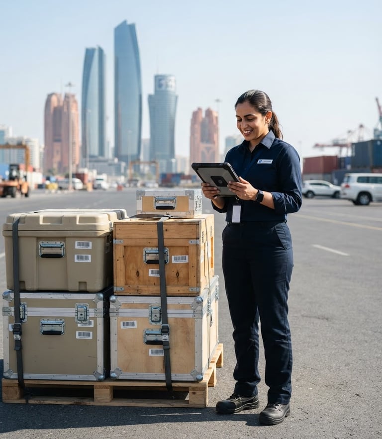 A professional logistics coordinator in a clean navy uniform holding a digital tablet, standing beside neatly stacked, high-end moving crates in bright Abu Dhabi daylight.