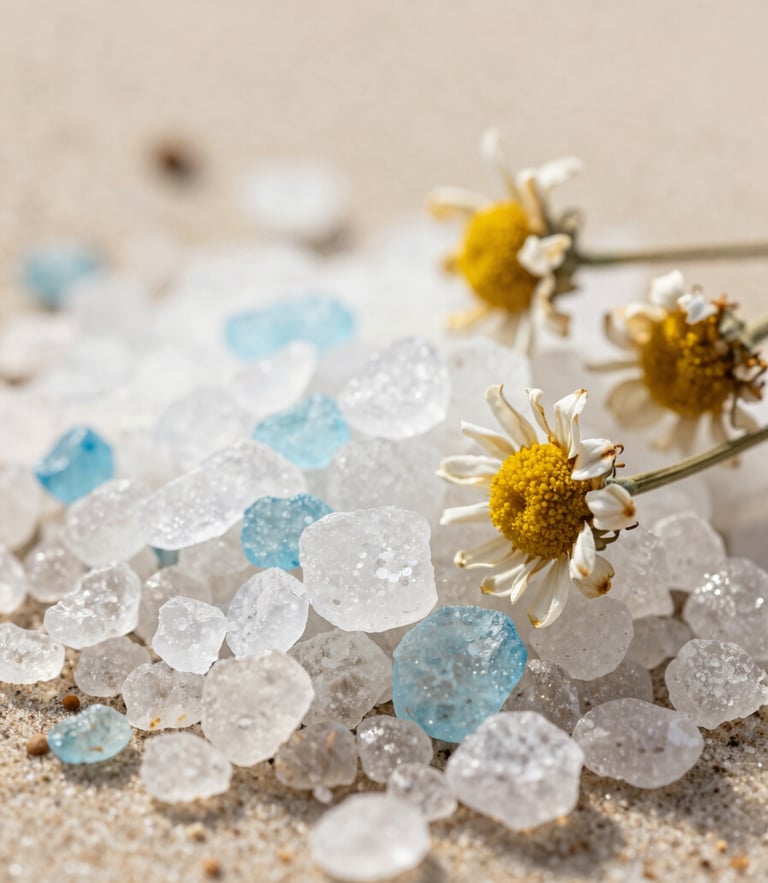 Macro shot of natural sea salt crystals and dried chamomile flowers on a soft sandy background, diffused morning light