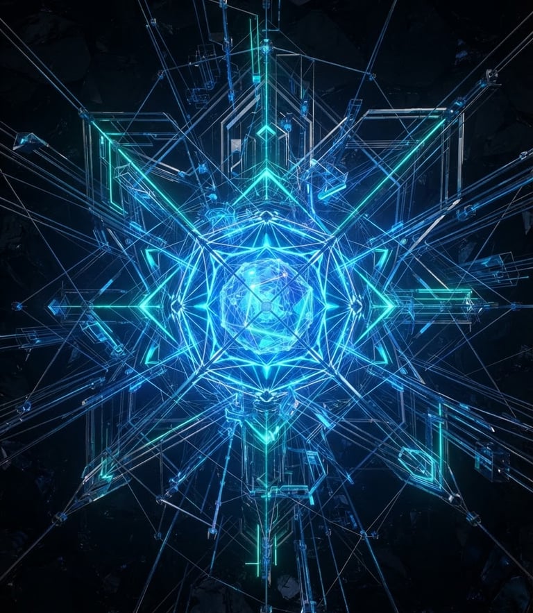 Sleek 3d render of an abstract glowing network node, dark obsidian background, electric blue and neon teal accents, clean geometric lines, octane render