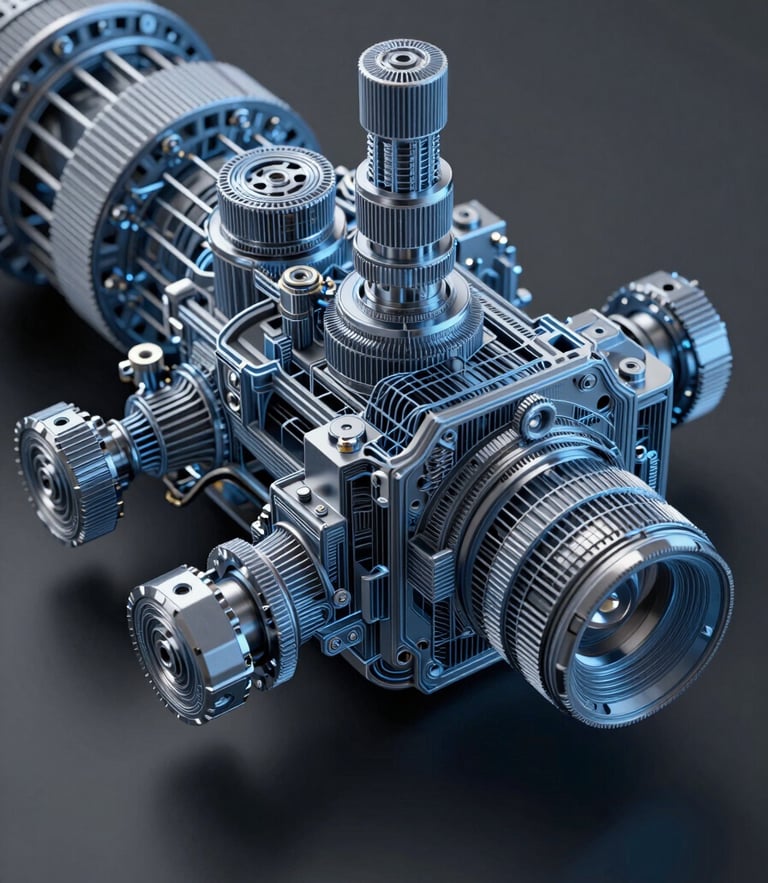 Extreme close-up of a 3D wireframe render of a complex mechanical interface, cool blue studio lighting, sharp shadows, high-contrast charcoal background.