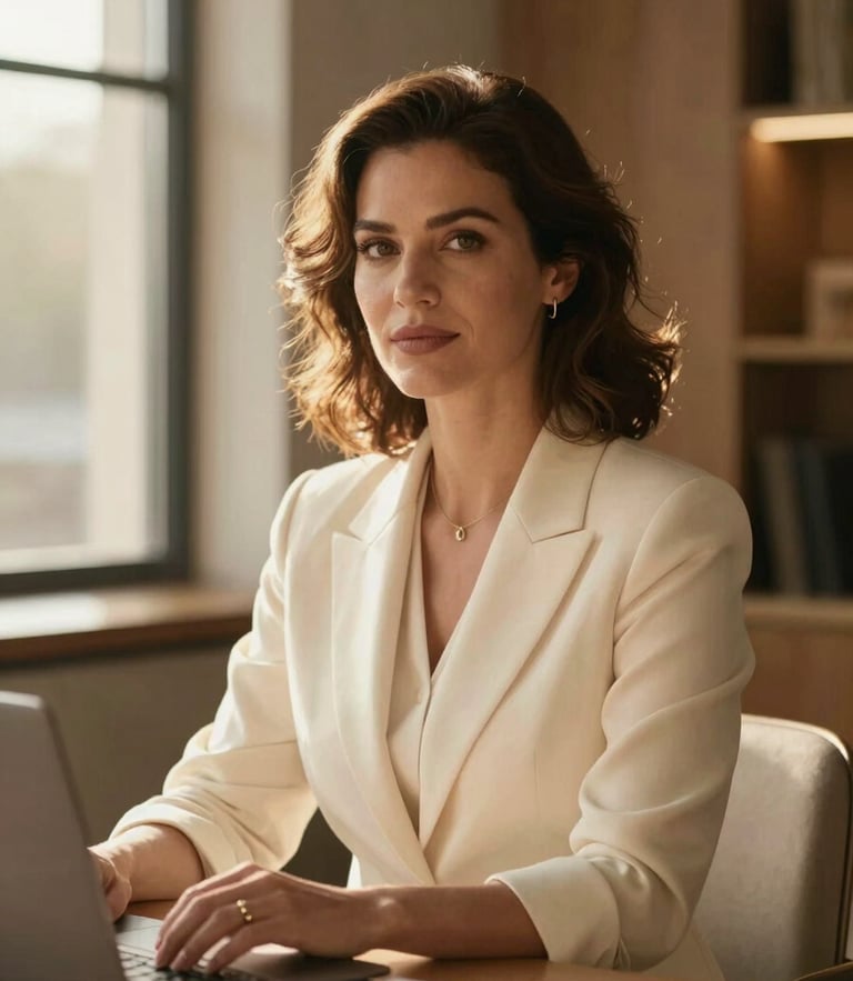 Warm editorial portrait of a professional woman in a sunlit modern workspace, soft golden-hour window light, rich cream tones, shallow depth of field, 35mm