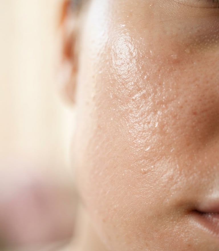 Macro close-up of dewy, hydrated skin showing fine natural texture, soft morning side-light, warm alabaster background, 85mm