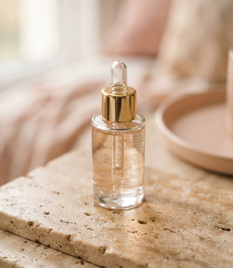 Macro shot of a gold-accented glass bottle of barrier serum resting on a warm travertine stone slab, soft morning side-light, shallow depth of field