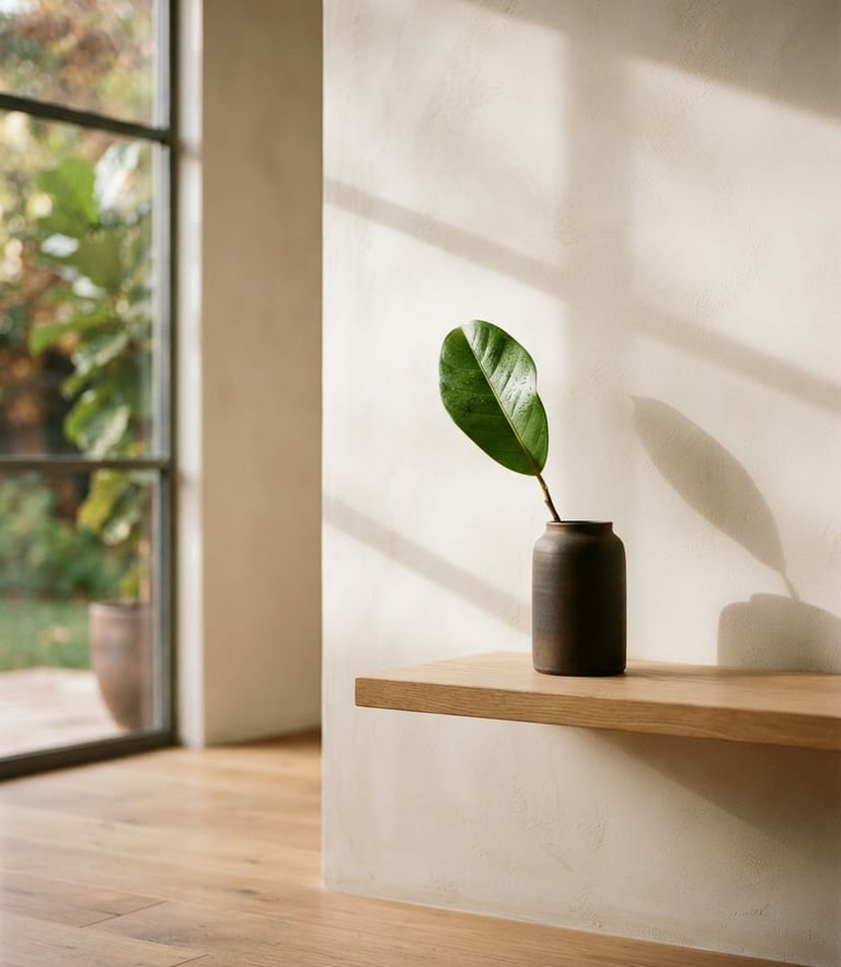 A quiet, minimalist room with clean architectural lines, soft window light casting gentle shadows on a textured plaster wall, a single green leaf in a ceramic vase, warm editorial photography, 35mm