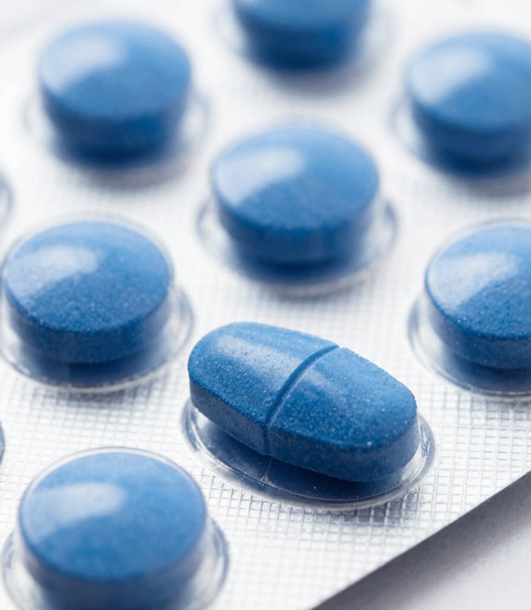 Macro close-up of dry oral tablets in a clean white blister pack, bright clinical studio lighting, deep blue tones, sharp 50mm focus